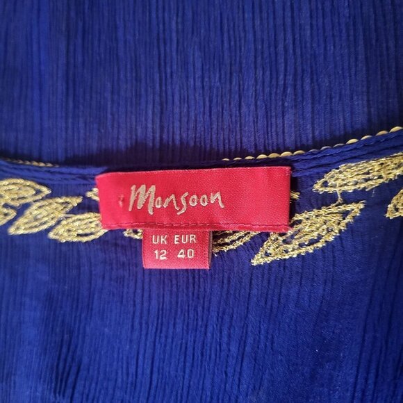 Monsoon Royal Blue & Gold Embroidered Silk Cover up Tunic Dress Size 8 M Resort - Picture 3 of 7